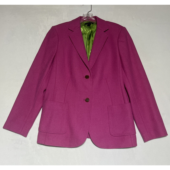 Lands End Wool Blazer Jacket Womens 14 Pink Textured Two Button Classic Office - Picture 1 of 11